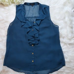 Mine Ruffle Top Blouse Turquoise Teal, Size Large